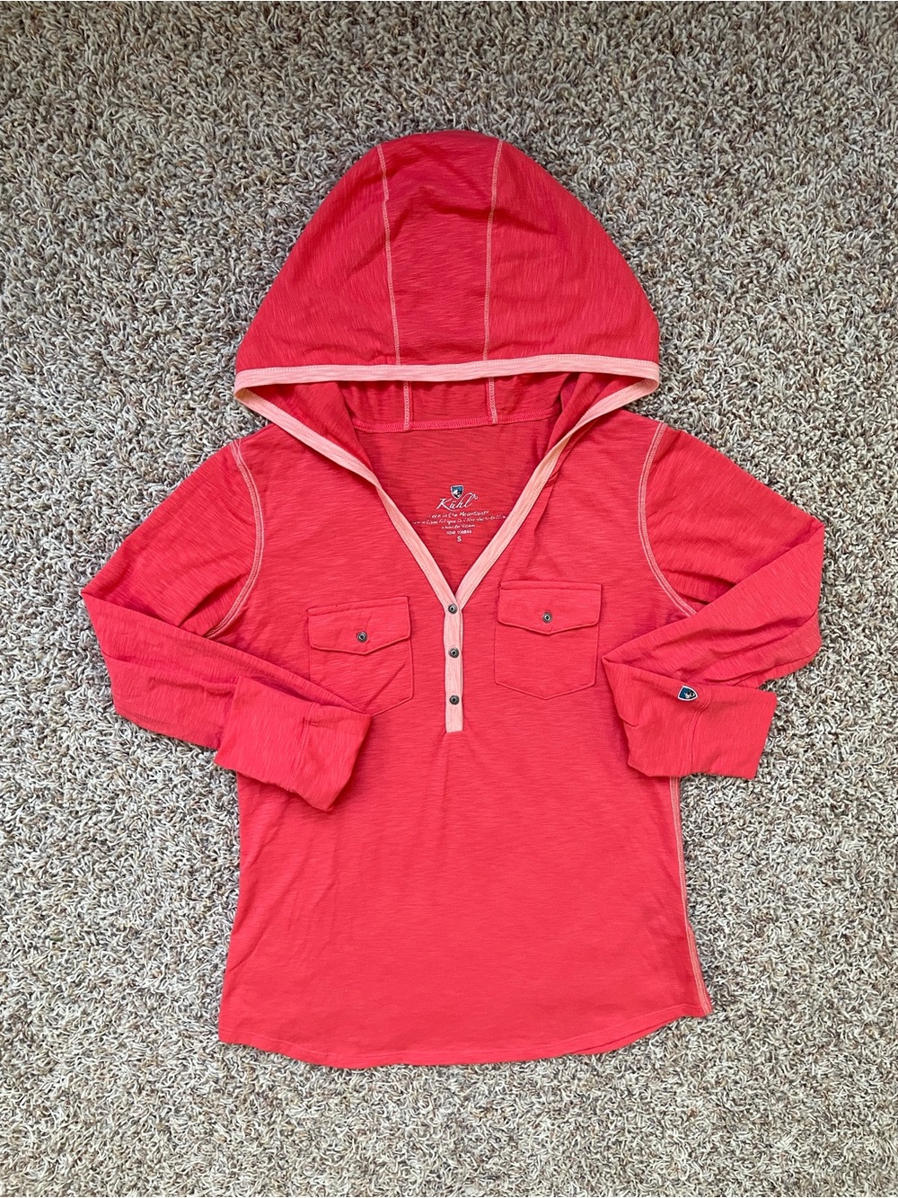 Kuhl Pink Hooded Button Up Henley Top Women Size S Fall Hiking Outdoor Layers